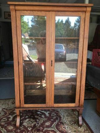 Antique Oak Two Door China Cabinet W.  Glass Front & Sides,  Finish