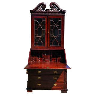 Antique Georgian Victorian Carved Mahogany Drop Front Secretary W/ Bookcase Top