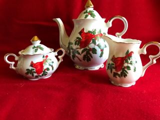 Vintage Lefton China Christmas Cardinal Teapot Creamer Sugar Bowl Hand Painted