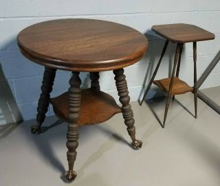 ANTIQUE TIGER OAK - PEDESTAL AND END TABLE SET - BALL AND CLAW FOOT - GORGEOUS 2