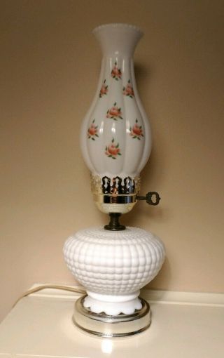 Vintage White Milk Glass Hurricane Electric Lamp Hand Painted Pink Floral Globe