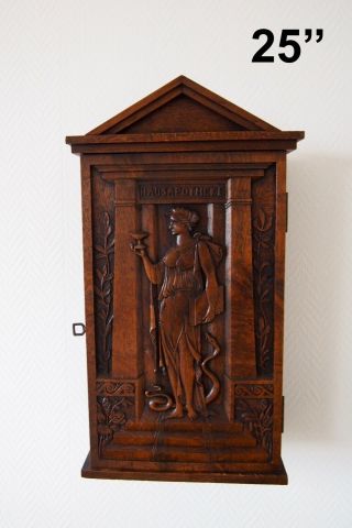 Rare Antique Medicine Cabinet Germany Hygieia Greek Temple 25’’ Solid Oak 19th