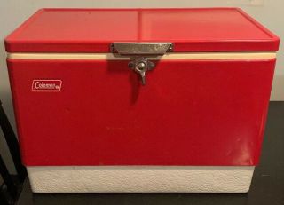 Vintage Coleman Red Metal Cooler Ice Box Metal Handles Bottle Opener 22” 11/76