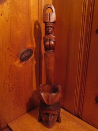 Vintage Hand Carved Wood Totem Wall Hanging Standing Planter Tribal Sculpture