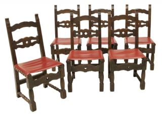 Charming Spanish Walnut Upholstered Dining Chairs,  Set Of Six Early 1900s