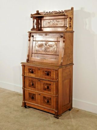 Antique Eastlake Victorian Drop Front Flame Walnut 1870s Secretary Desk