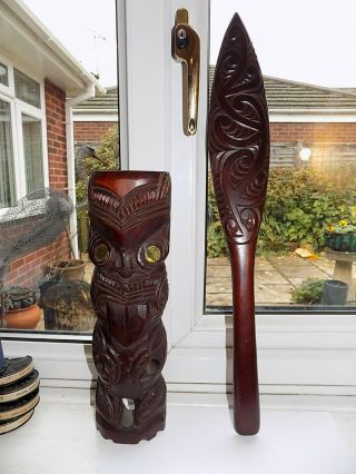 1973 Dated Zealand Maori Carved Wood War Club & Vintage Carved Tiki Figure