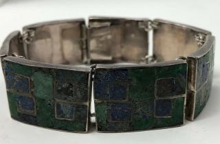 Vintage Mexican Sterling Silver Inlaid Hinged Mid Century Modern Bracelet 42.  4g