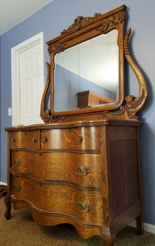Antique Tiger Oak / Quarter Sawn Serpentine Dresser with Beveled Mirror 2