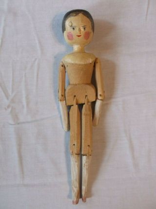 Vtg Primitive Peg Wood Wooden Doll Jointed 11 " Handmade