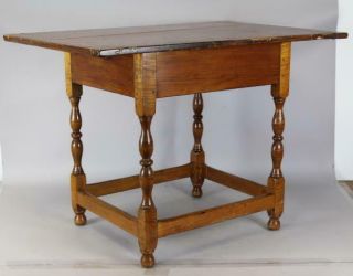 Rare 18th C William And Mary Stretcher Base Tavern Table With Tiger Maple Legs