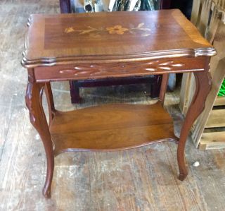 Floral Inlaid Walnut End Table With Shelf
