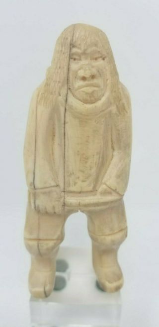 Antique Inuit Caribou Bone Carving Of A Fisherman 5 Inches High