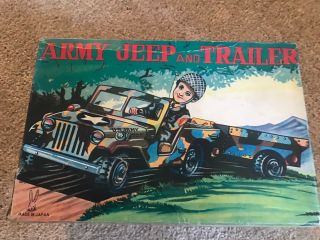 Vintage Us Army Jeep And Trailer Battery Operated Tin Toy Japanese 1950 