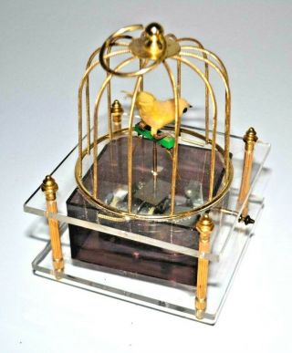 Vintage Feather Automated Bird In Brass Cage - Music Box - We 