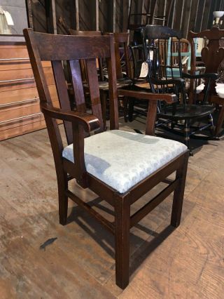 Antique Oak Upholstered Dining Room Arm Chair