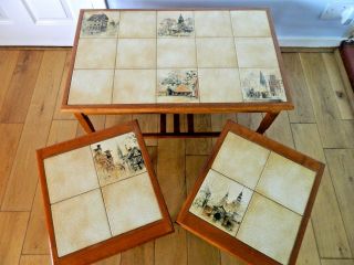 Anbercraft Set/nest Of 3 Retro Coffee Tables Solid Teak Pictorial Tiled Tops