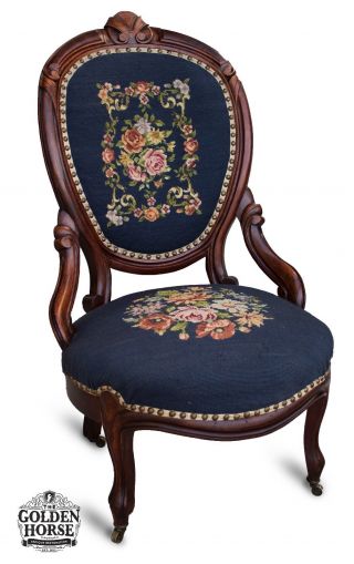 Antique Mid Victorian Carved Cherry Slipper Chair Needlepoint C.  1850