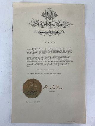 Vintage 1983 Mario Cuomo York Governor Signed Executive Chamber Citation