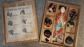 Vintage Katsuraningyo Japanese Bisque 6.  5” Doll W/ 6 Wigs Orig Wood Box Geisha