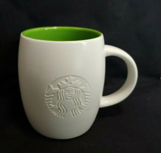 Starbucks Mug 2011 Etched Mermaid Siren Logo White Green Inside 14 Oz Barrel