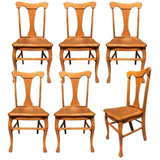Antique French Country Quartersawn Oak T - Back Dining Chairs With Leather Bottom