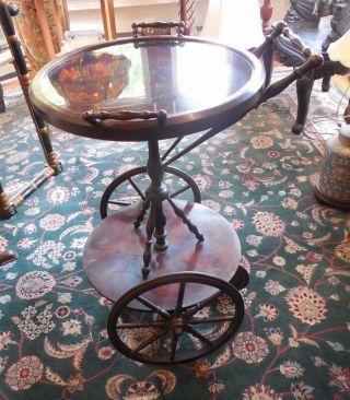 Rare Antique Round Mahogany Tea Cart: Removable Glass Tray