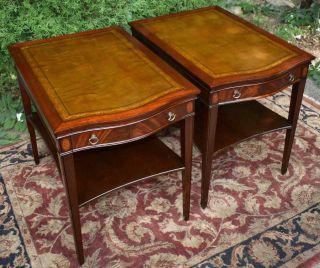 1930s English Regency Mahogany Leather Top Side Tables / End Tables