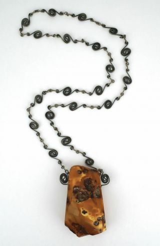 Vintage Large Natural Butterscotch Amber Pendant Necklace Arts And Craft 1930s