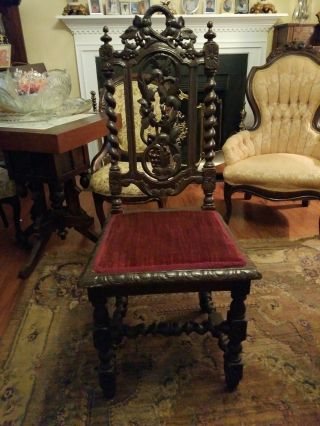 Gorgeous Antique Renaissance Revival French Carved Oak Barley Twist Side Chair