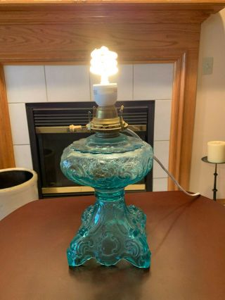 Vintage Blue Glass Kerosene / Oil Lamp,  Converted To Electric