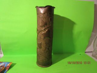 Antique Wwi Argonne Forest Trench Art Artillery Shell Ivy Pattern