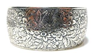 Vintage Art Deco Sterling Silver Floral Flower Wide Cuff Bracelet Womens Heavy