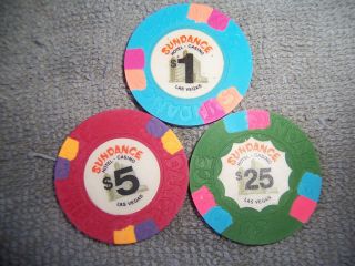 3 Sundance Casino Chips $1 $5 $25 Chip Poker Las Vegas Nevada