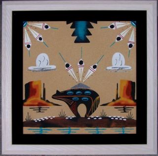 Vintage " Bear " Sand Painting By Tammy Laughling Navajo In 21 " X21 " Oak Frame