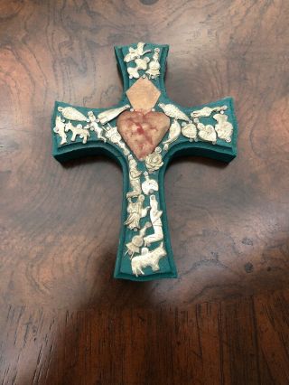 Sacred Heart Tin Milagros Mexican Wood Cross Wall Hanging 7” Folk Art Cross