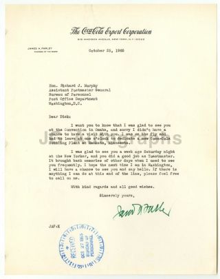 James Farley - Postmaster General Under Fdr - Signed Letter (tls),  1965