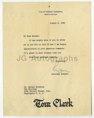 Tom Clark - U.  S.  Attorney General,  Supreme Court - Signed Letter (tls),  1949