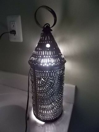 Vintage Handcrafted Punched Tin Electric Lantern 17 " High Has Hoop For Hanging