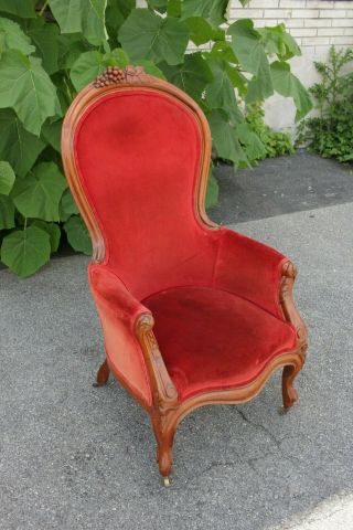 Victorian Red Velvet And Walnut Chair On Casters,  19th Century