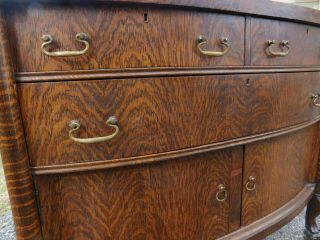 Antique c1910 Victorian Lion Feet Tiger Oak Bow Front Buffet Sideboard Credenza 2