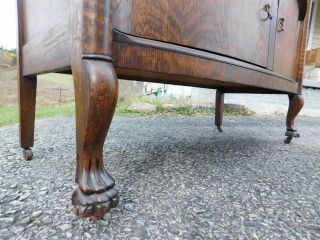 Antique c1910 Victorian Lion Feet Tiger Oak Bow Front Buffet Sideboard Credenza 3