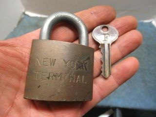 Old Brass Logo Padlock Lock York Terminal.  With The Key.  N/r