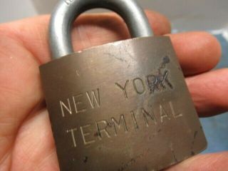 Old brass logo padlock lock YORK TERMINAL.  With the key.  n/r 2