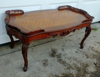Vintage Antique French Floral Carved Wood Marquetry Inlay Coffee Table