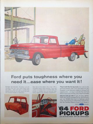 Vintage Red 1964 Ford F - 100 Pick Up Truck Toughness Where You Need It Print Ad