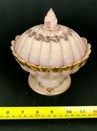 Vintage Cambridge Pink Milk Glass Crown Tuscan Shell Lidded Candy Trinket Dish