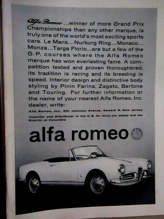 1962 Alfa Romeo Print Ad 8.  5 X 11 "