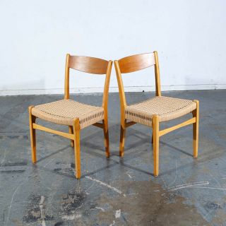 Mid Century Danish Modern Dining Chairs Side Pair Papercord Teak Beech Sweden