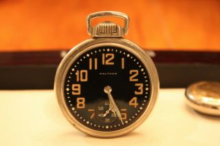 Vintage Pocket Watch - Wwii - 24 Hours Very Rare Dial - Waltham Premier 16s Usa